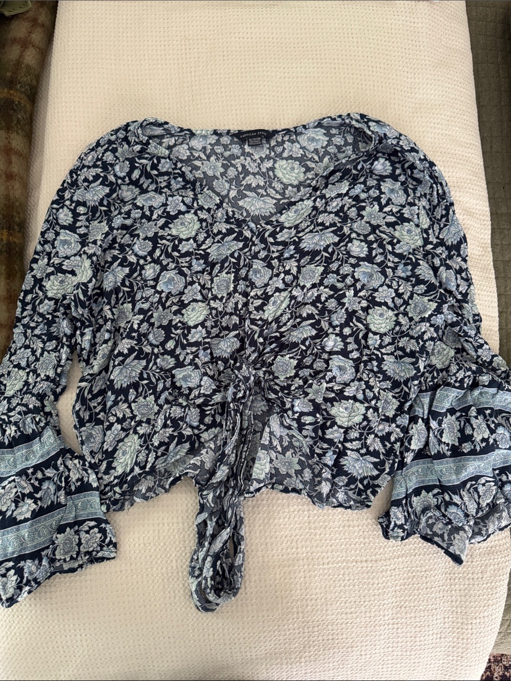 American Eagle Outfitters Navy Floral Tie-Front Blouse